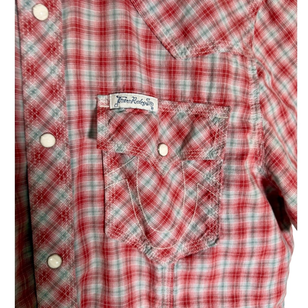 True Religion Men's Rocky Short Sleeve Pearl Snap Plaid Western Shirt Red XL - Picture 2 of 4